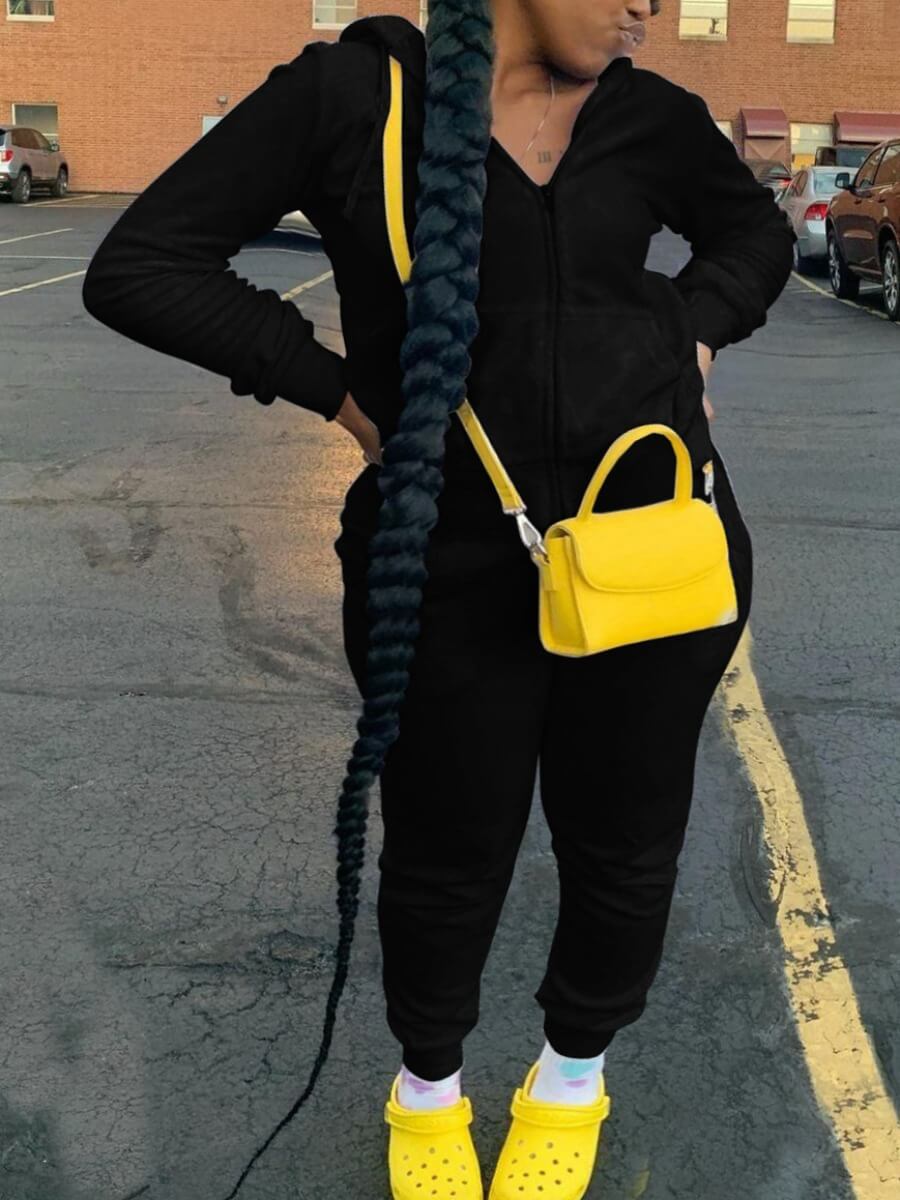 

Lovely Casual Hooded Collar Zipper Design Black Two Piece Pants Set