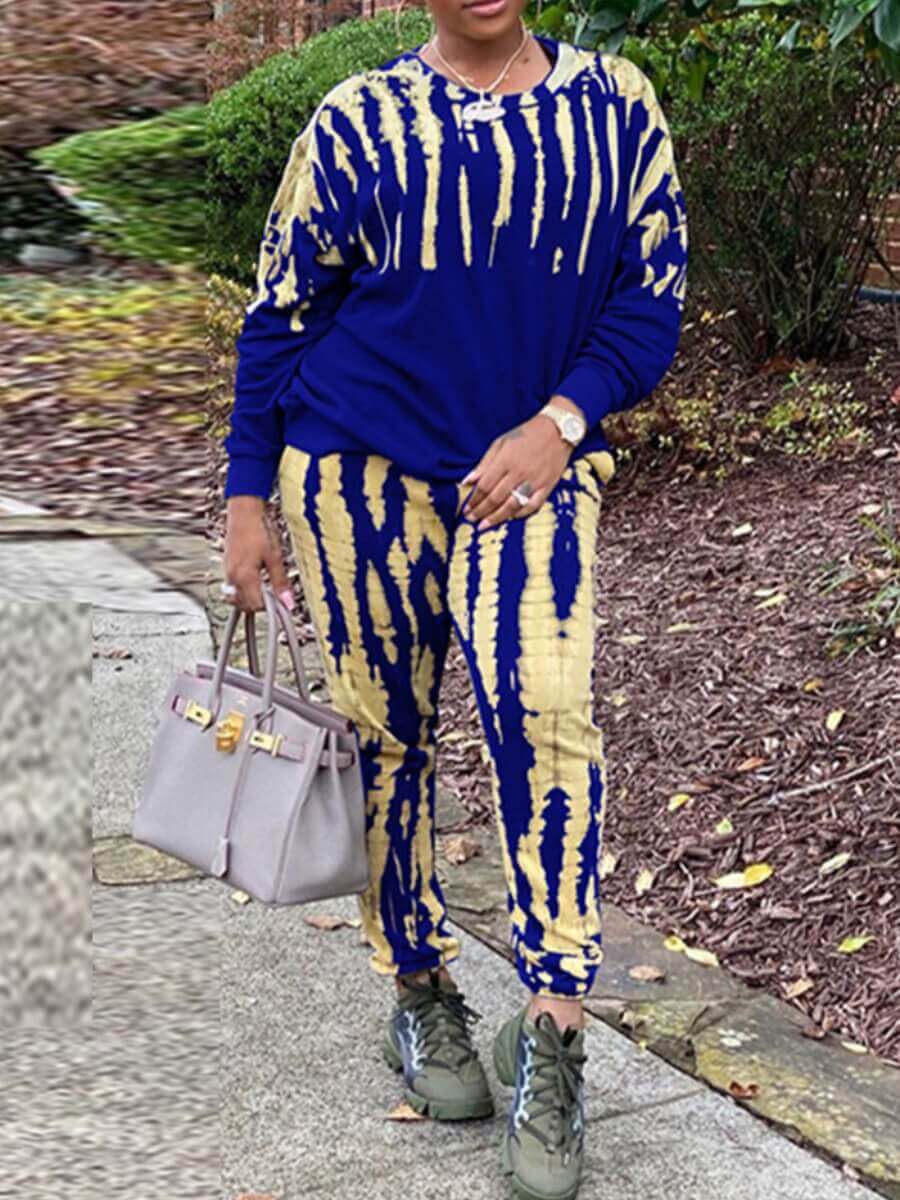 

Lovely Casual Tie Dye Print Royalblue Two Piece Pants Set