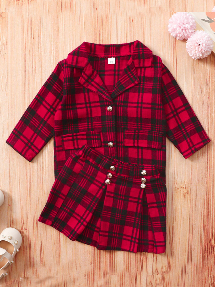 

Lovely Trendy Shirt Collar Grid Print Red Girl Two-piece Skirt Set