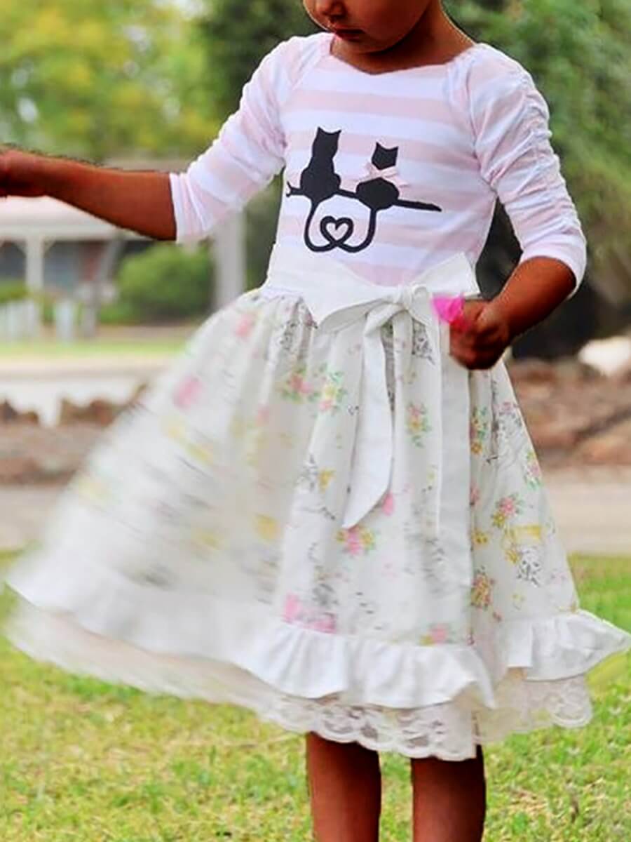 

Lovely Trendy O Neck Print Patchwork Pink Girl Knee Length Dress