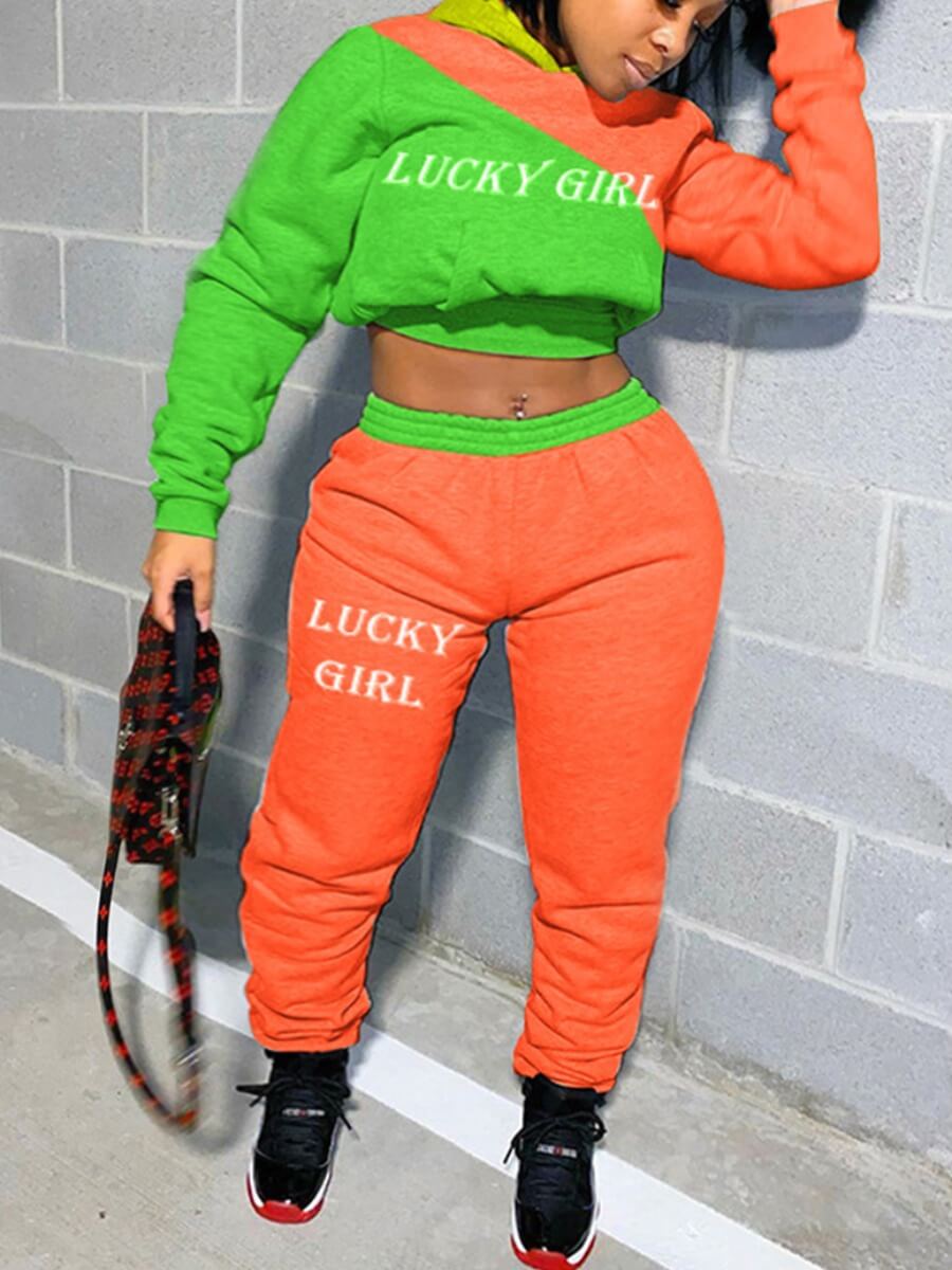 

Lovely Street Hooded Collar Letter Embroidered Patchwork Orange Plus Size Two-piece Pants Set