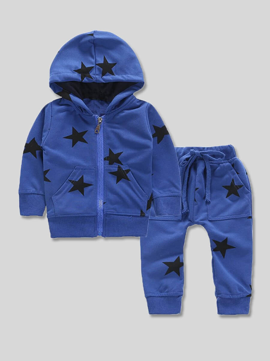 

Lovely Sportswear Hooded Collar Print Zipper Design Blue Boy Two-piece Pants Set