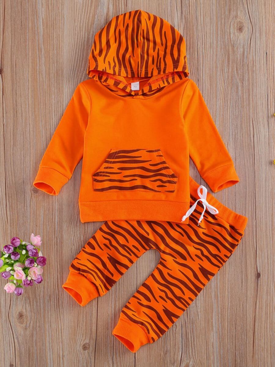 

Lovely Trendy Hooded Collar Striped Print Orange Boy Two-piece Pants Set