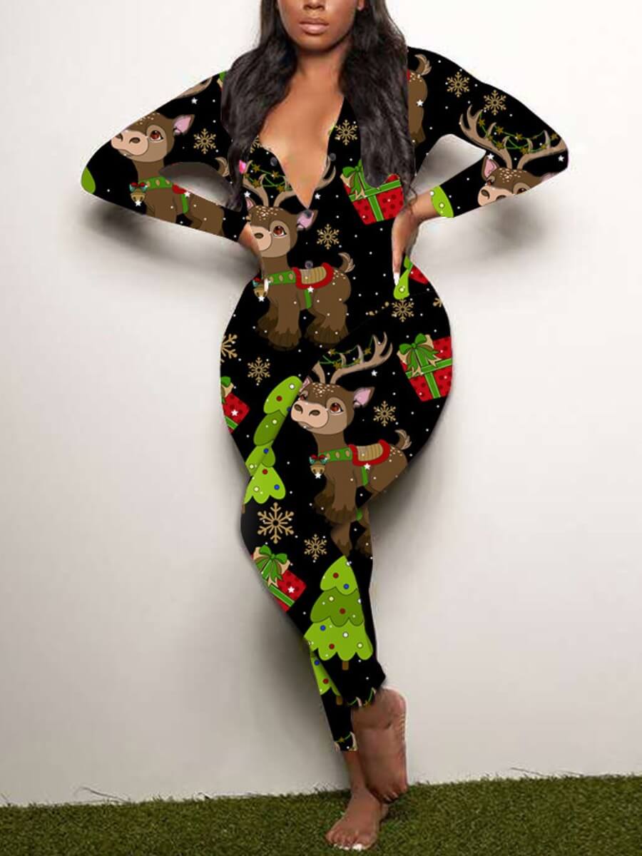 

Lovely Trendy V Neck Print Skinny Black One-piece Jumpsuit
