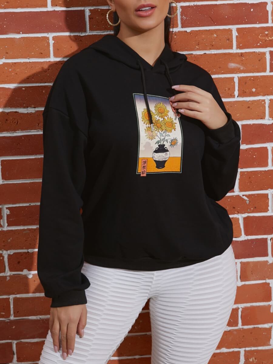 

Lovely Casual Hooded Collar Print Black Hoodie