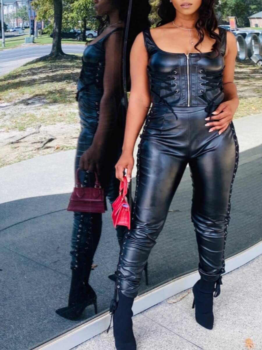 

Lovely Street U Neck Zipper Design Skinny Black Two Piece Pants Set