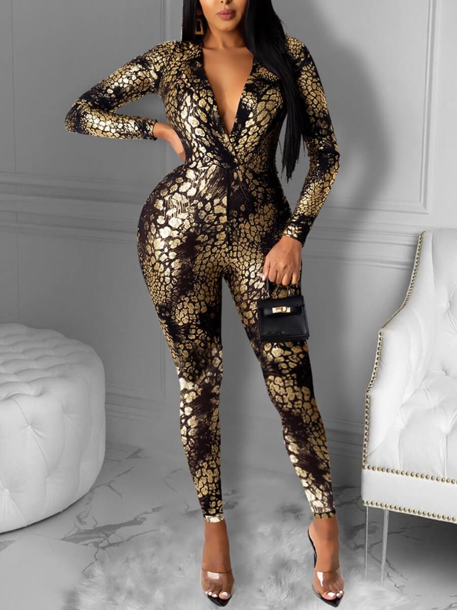 

Lovely Sexy Deep V Neck Print Gold One-piece Jumpsuit
