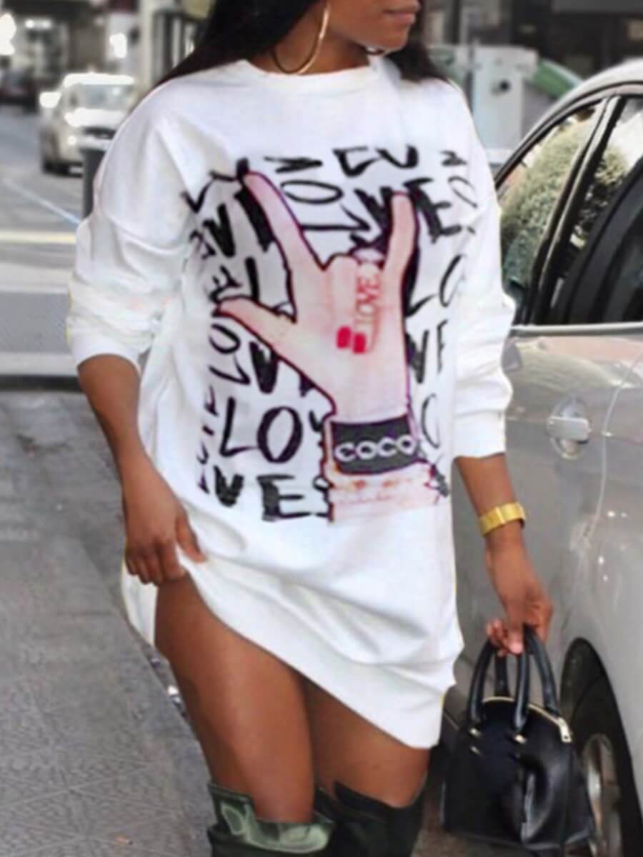 

Lovely Casual O Neck Letter Print White Mini Dress