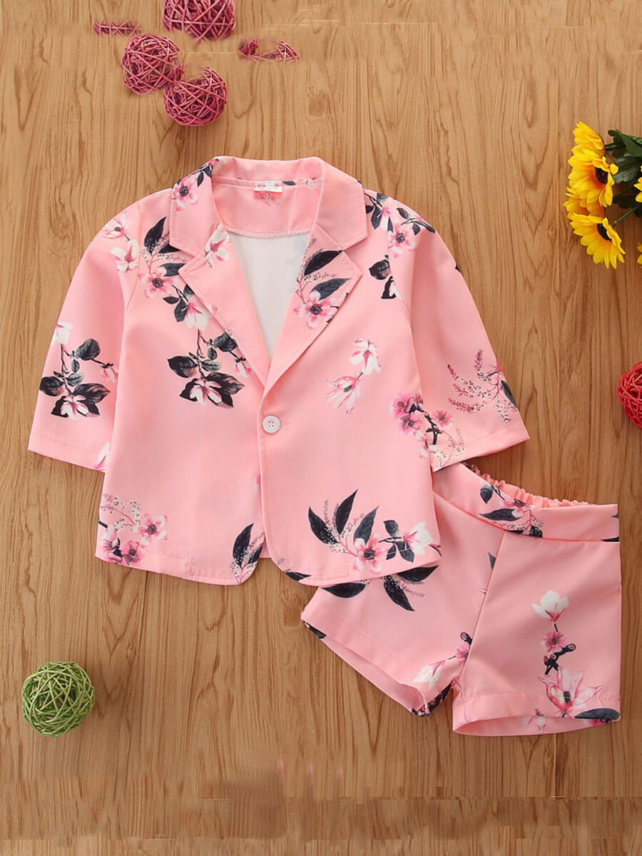 

Lovely Girl Stylish Turndown Collar Plants Print Pink Two-piece Shorts Set