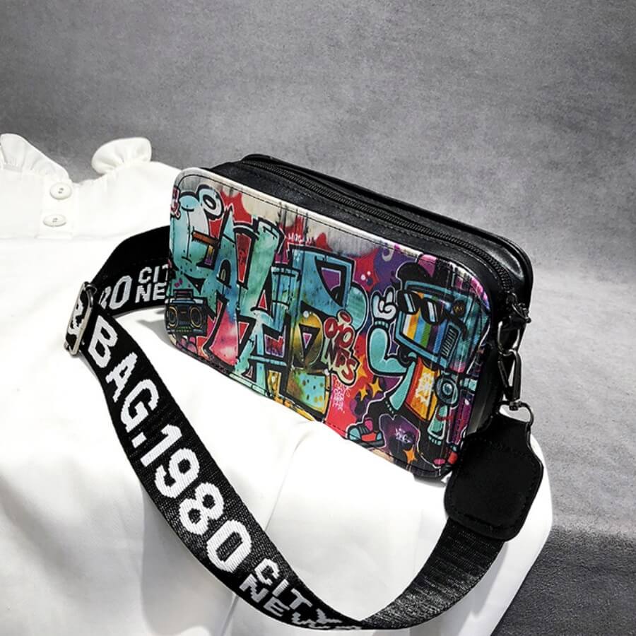 LW Trendy Graffiti Print Black Crossbody Bags