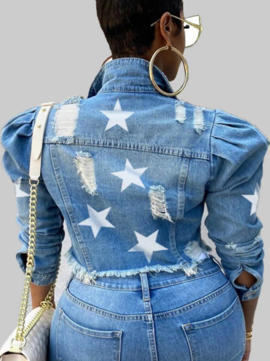 

Lovely Trendy Turndown Collar Pentagram Print Baby Blue Plus Size Denim Jacket