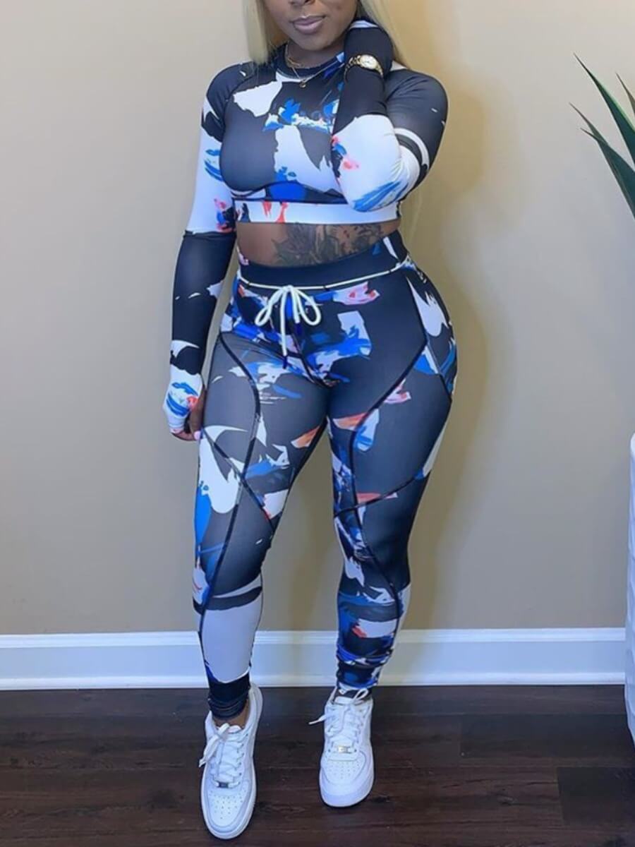 

Lovely Sportswear Tie-dye Letter Print Blue Plus Size Two-piece Pants Set