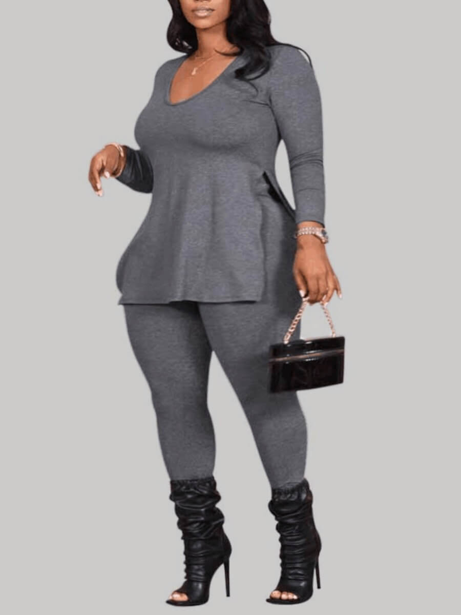 

Lovely Casual V Neck Long Sleeve Grey Plus Size Two-piece Pants Set