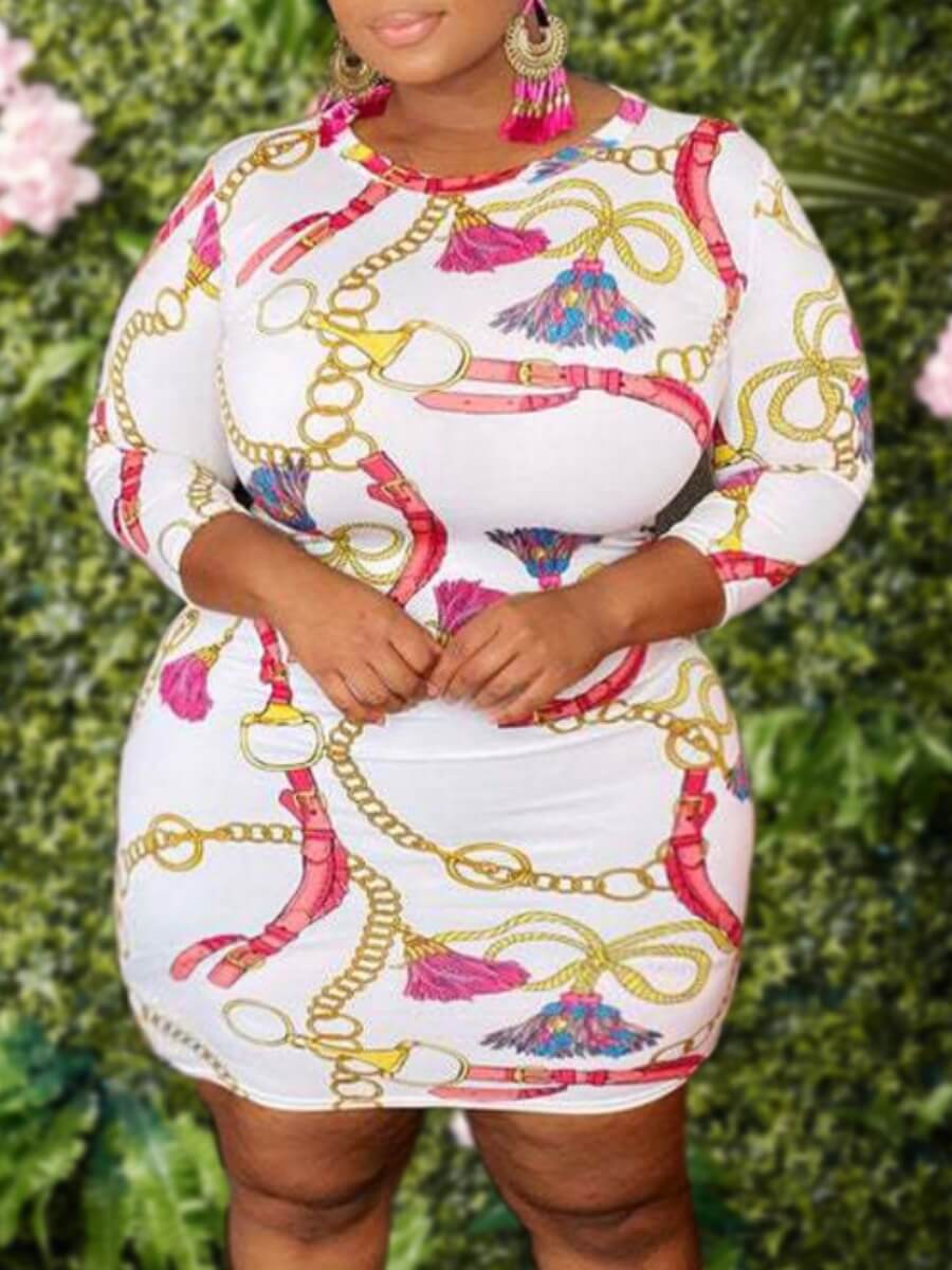 

Lovely Casual O Neck Print White Mini Plus Size Dress