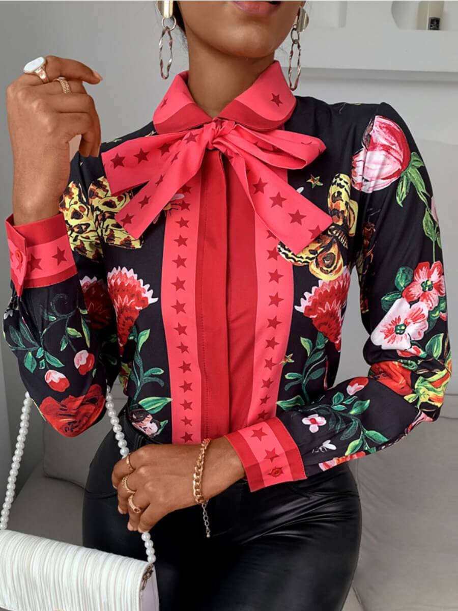 

Lovely Street Turndown Collar Print Black Blouse