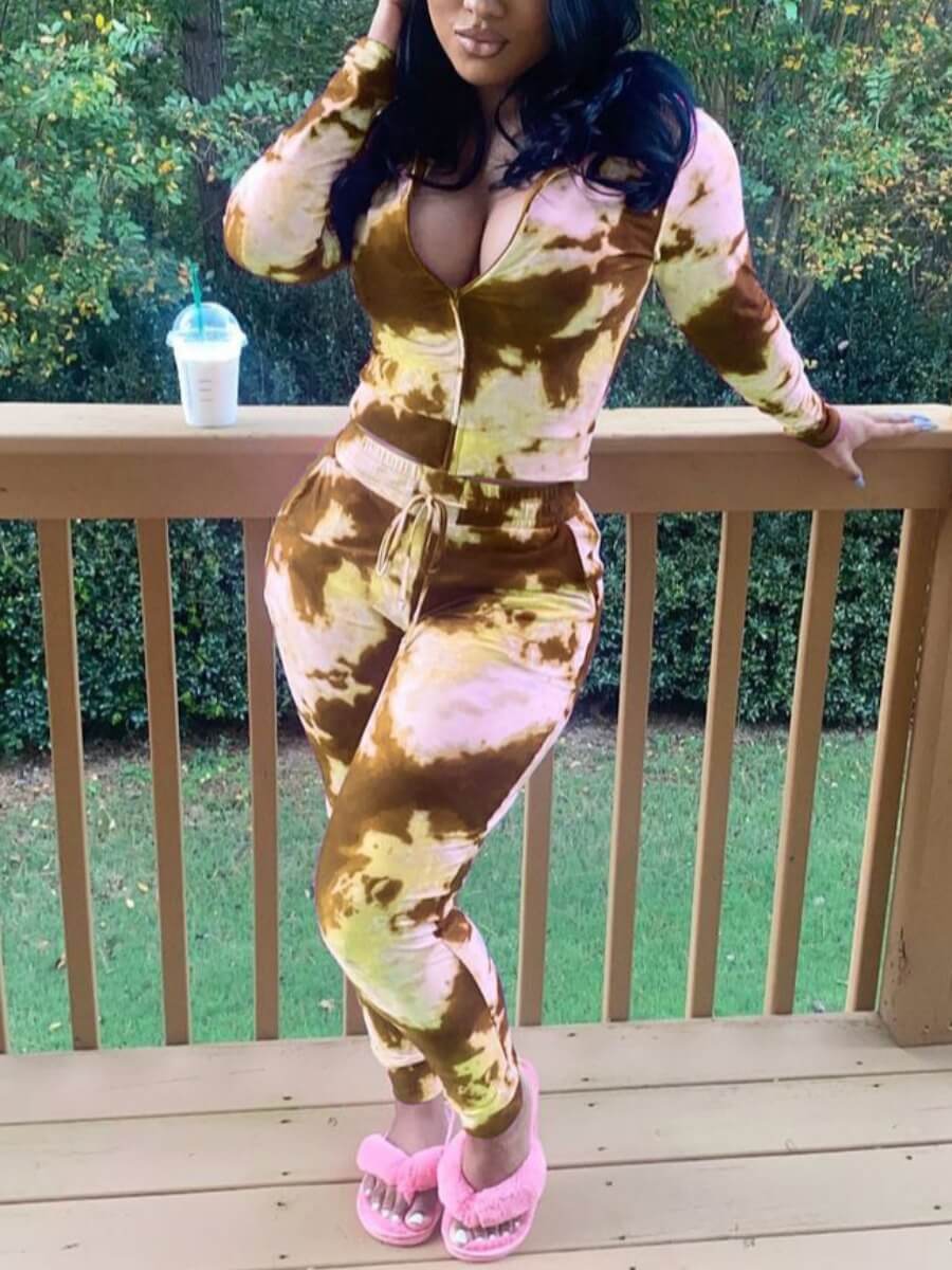 

Lovely Casual Tie Dye Drawstring Brown Two Piece Pants Set