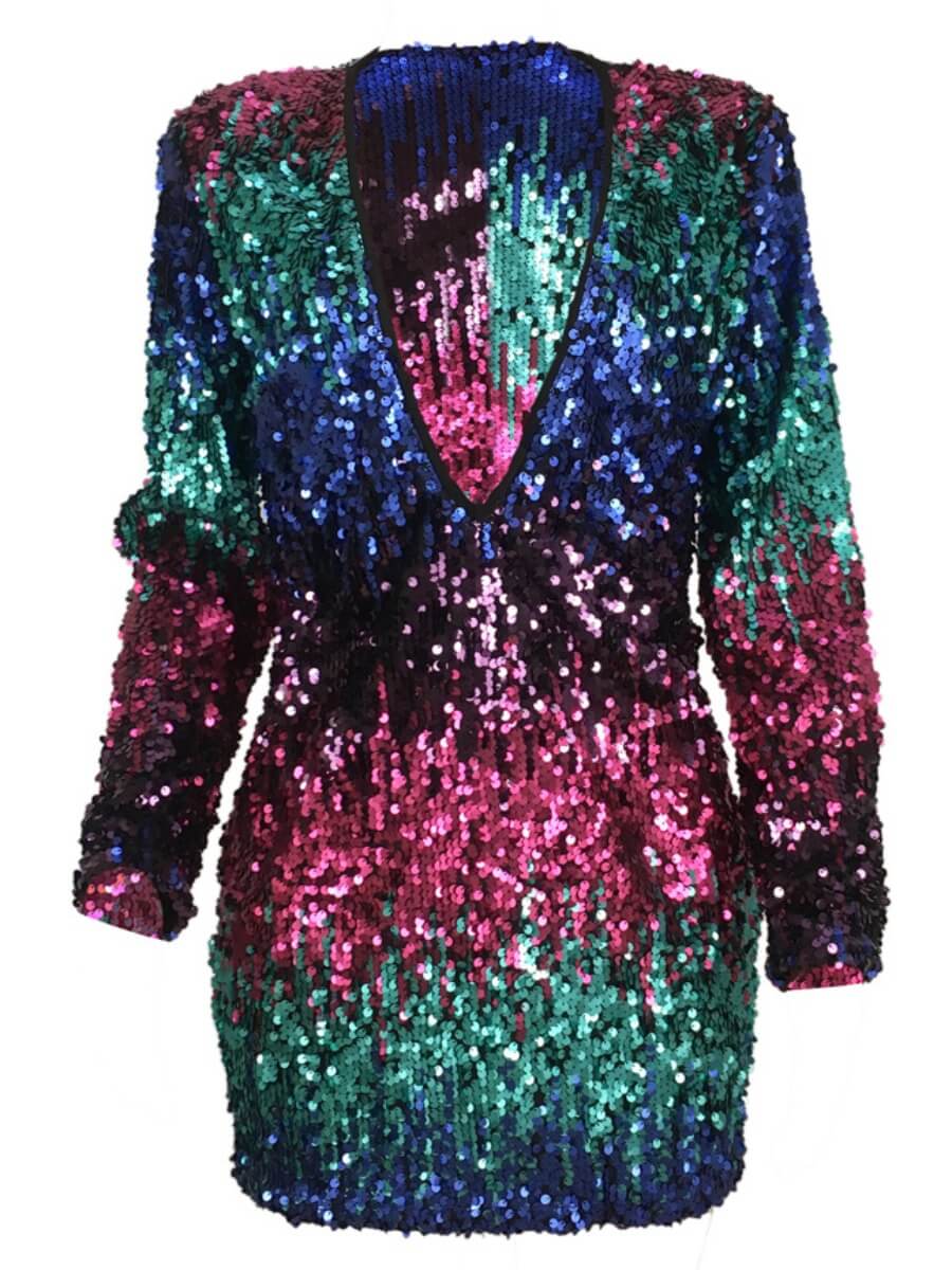 Lovely Sexy Deep V Neck Sequined Patchwork Multicolor Mini Evening Dress от Lovelywholesale WW