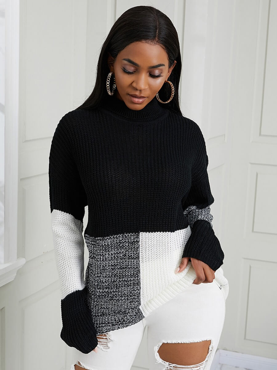 

Lovely Street Turtleneck Color-lump Loose Black Sweater