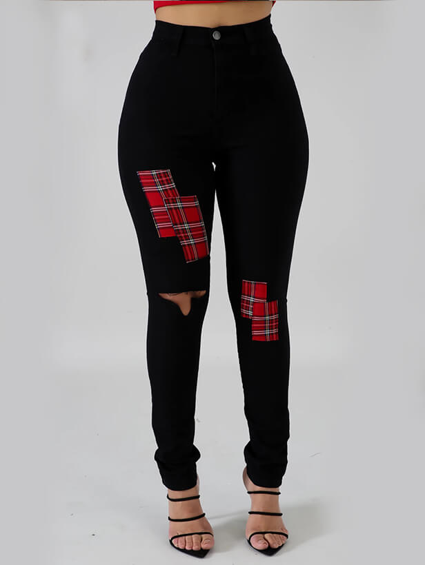 

Lovely Street Broken Holes Plaid Print Patchwork Black Jeans
