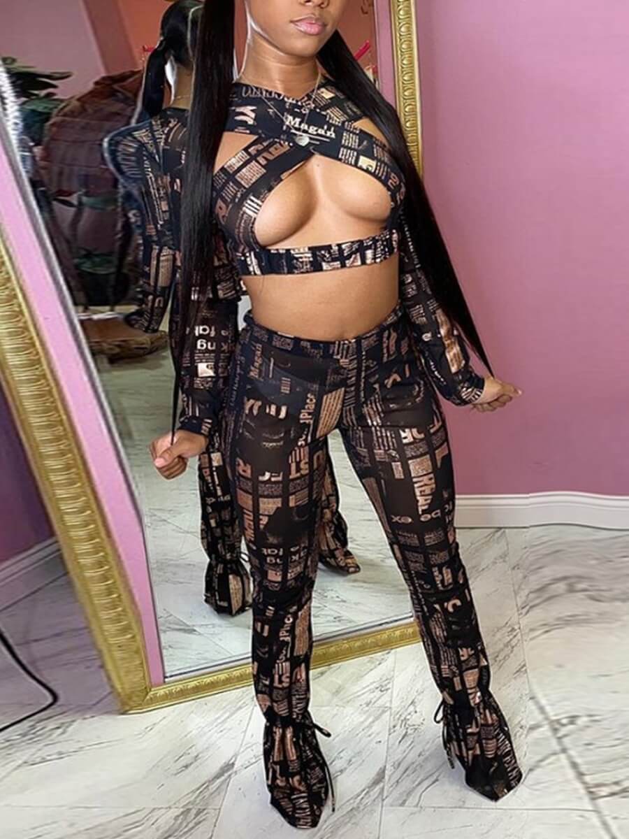 

Lovely Sexy Letter Print Hollow-out Black Two Piece Pants Set