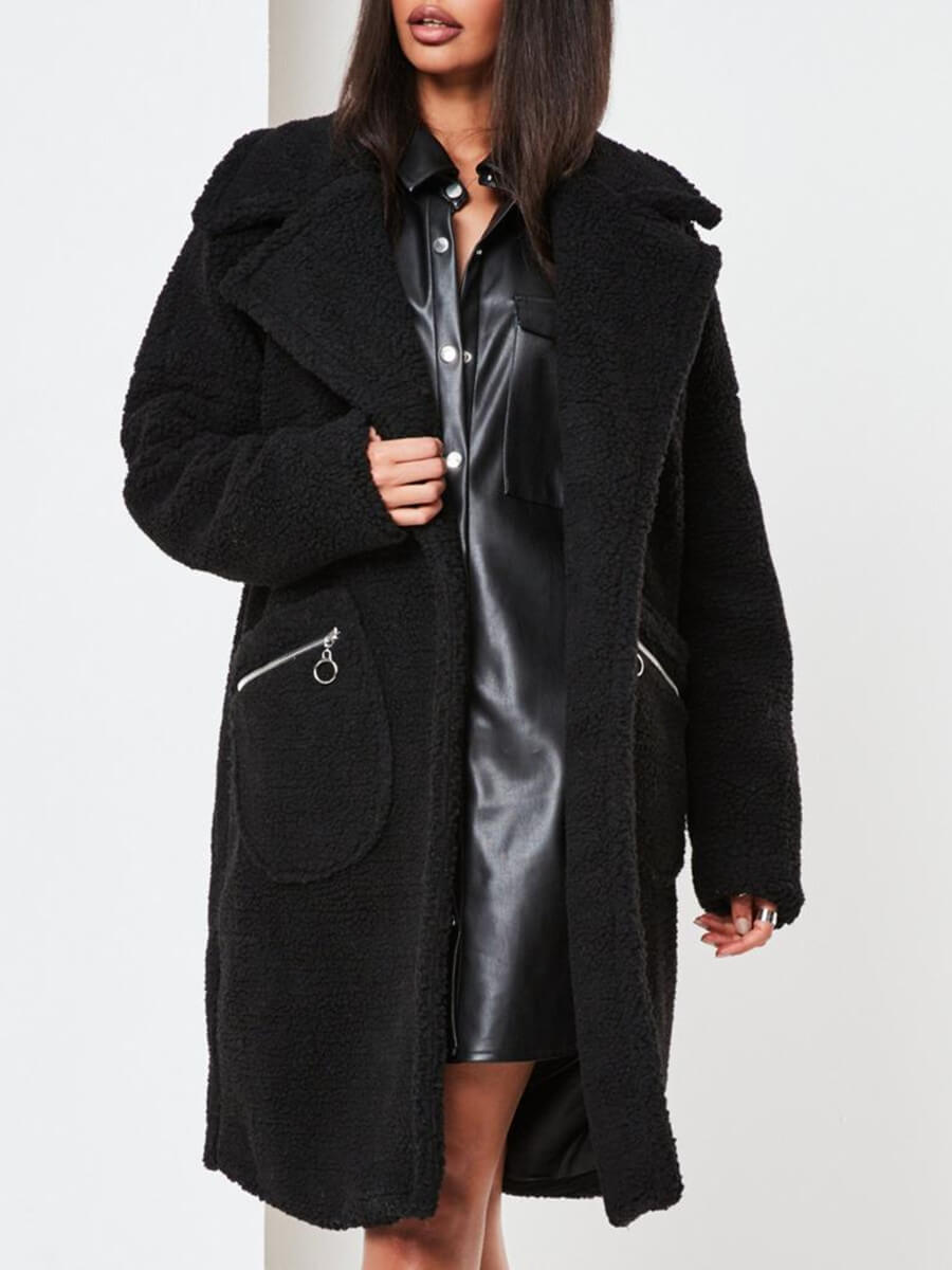 

Lovely Casual Lapel Collar Pocket Design Black Faux Fur