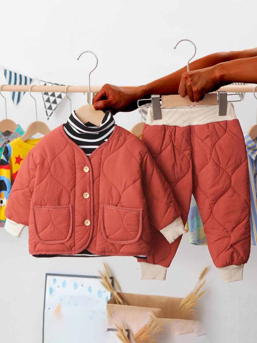 

Lovely Casual Pocket Button Design Brick Red Girs Two Piece Pants Set