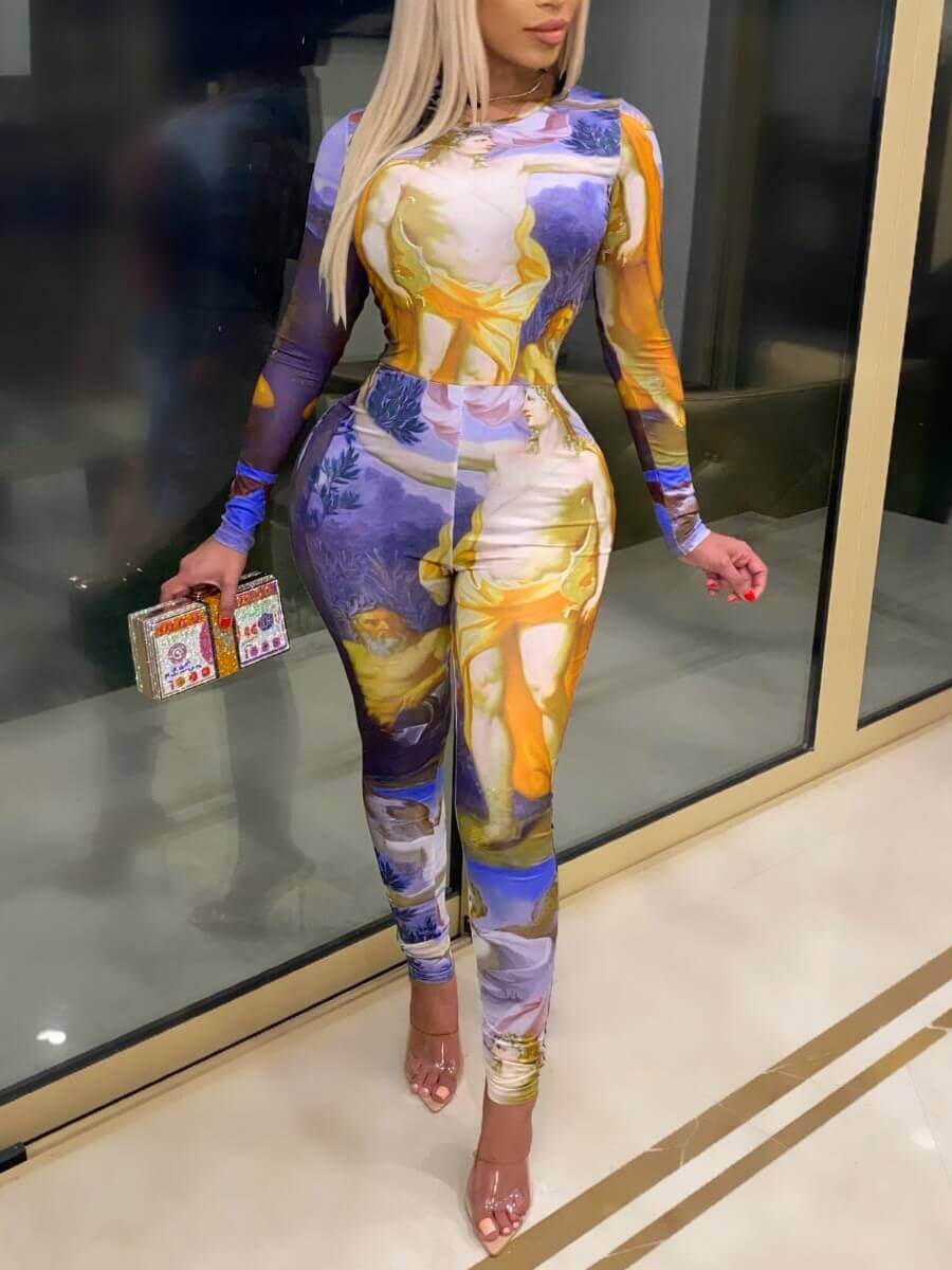 

Lovely Casual Print Patchwork Purple One-piece Jumpsuit