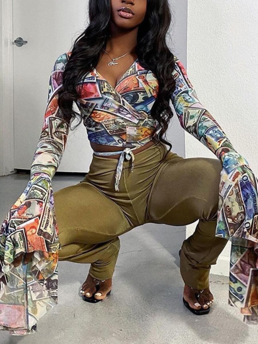 

Lovely Street Print Flared Cross-over Design Multicolor Blouse, Multi