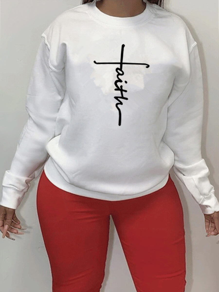 

Lovely Casual O Neck Letter Print White Plus Size Hoodie