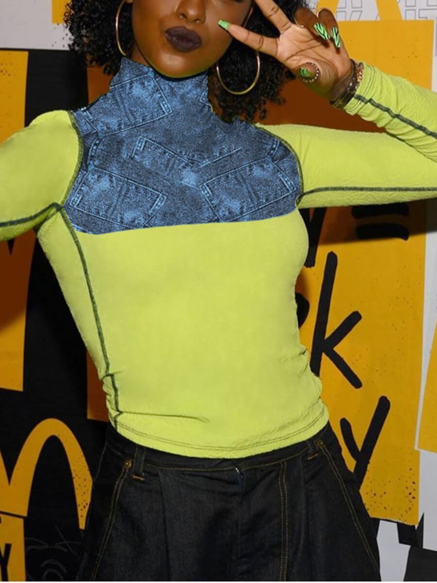 

LW Street Turtleneck Print Patchwork Yellow T-shirt