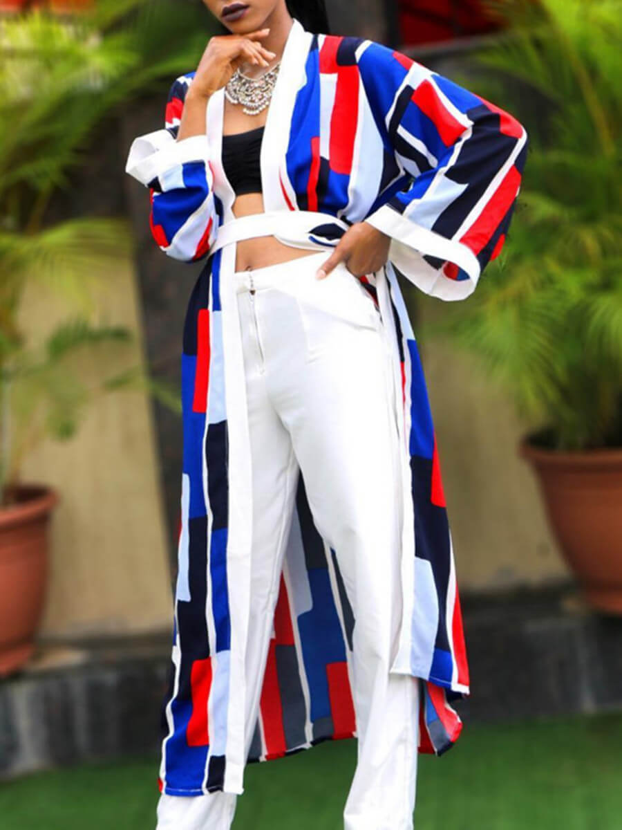 

Lovely Trendy Lace-up Patchwork Loose Multicolor Trench Coat, Multi