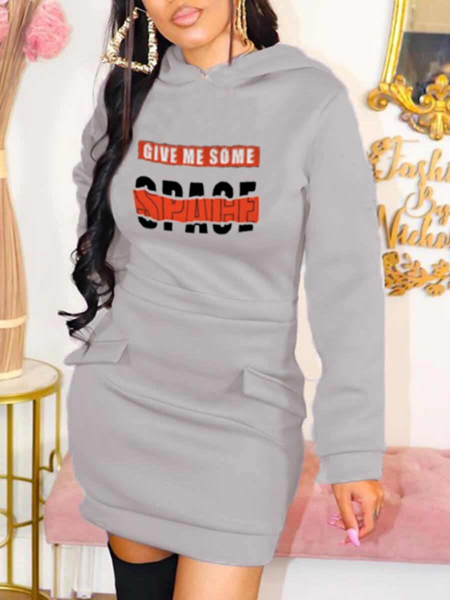 

Lovely Casual Letter Print Pocket Design Grey Mini Dress