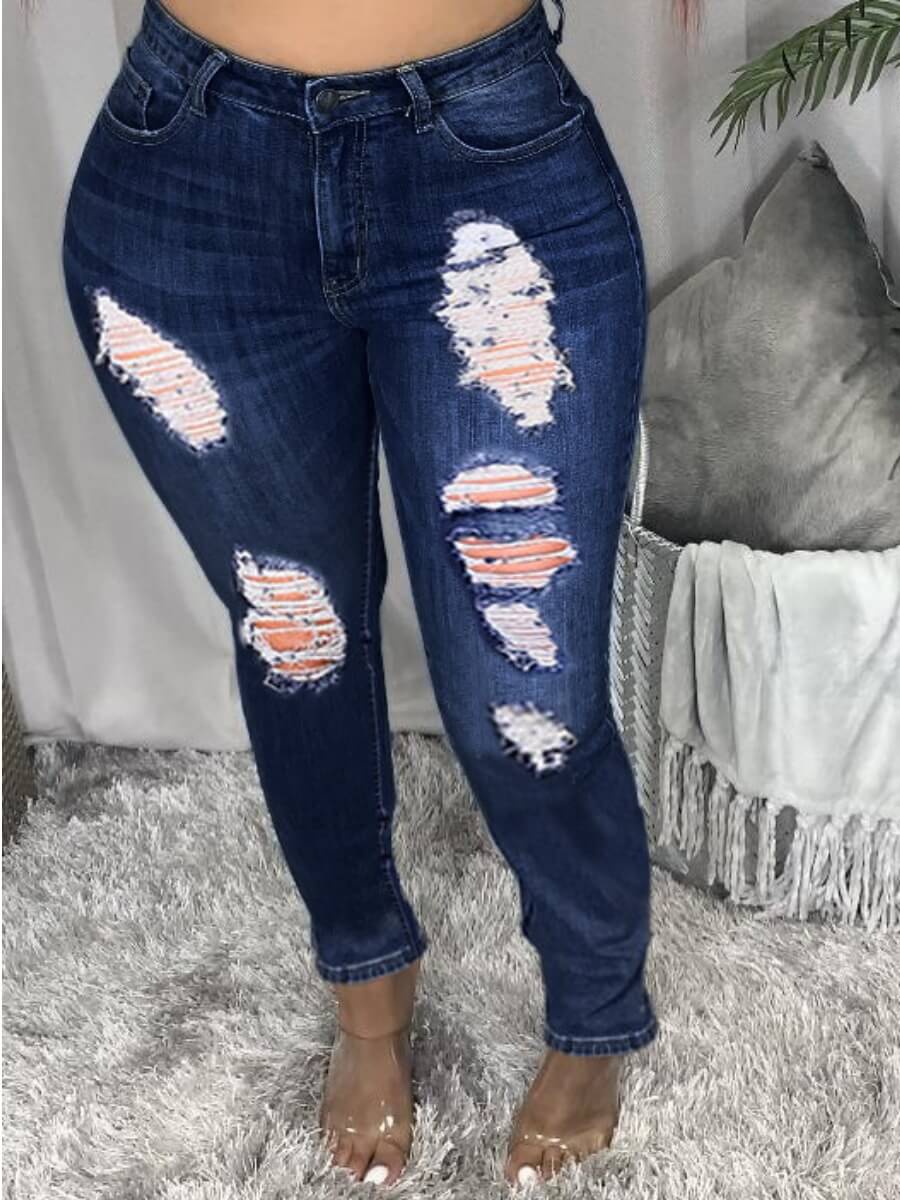 

Lovely Street High-waisted Broken Holes Deep Blue Jeans