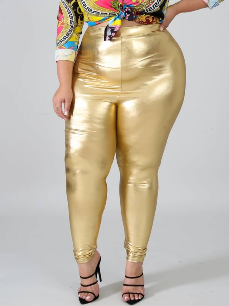 

Lovely Casual High-waisted Elastic Gold Plus Size Pants