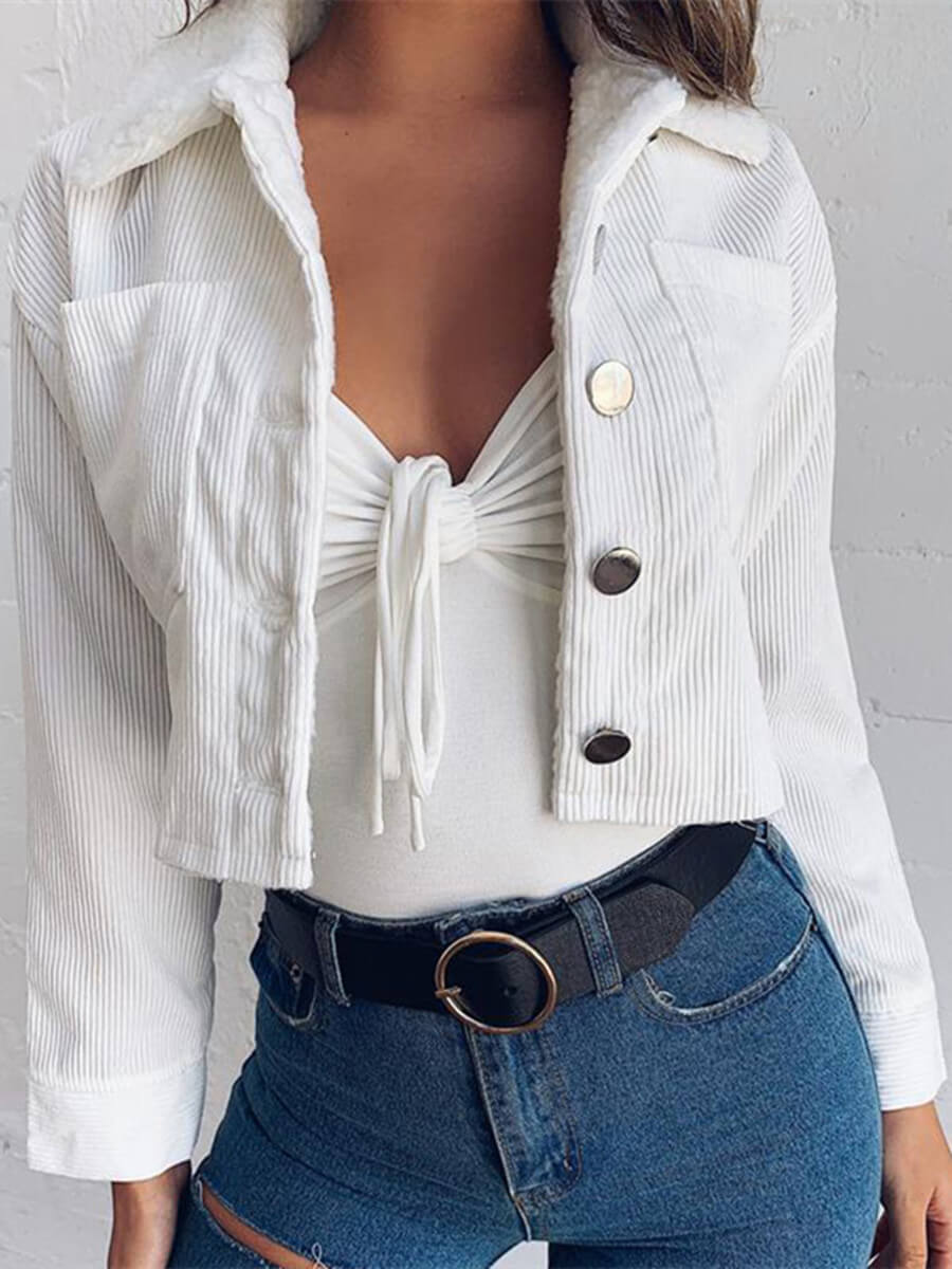 

Lovely Casual Pocket Button Design White Coat