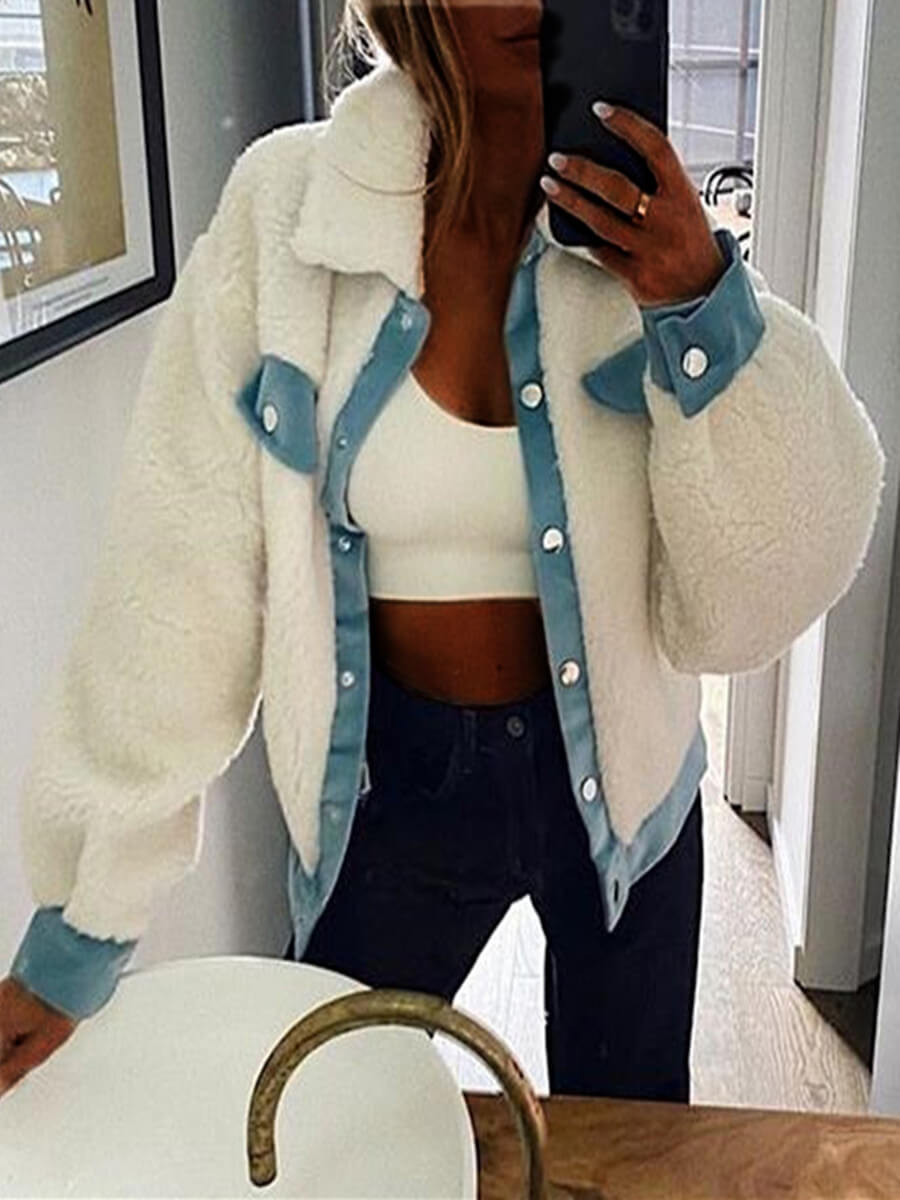 

Lovely Casual Button Design Patchwork White Faux Fur