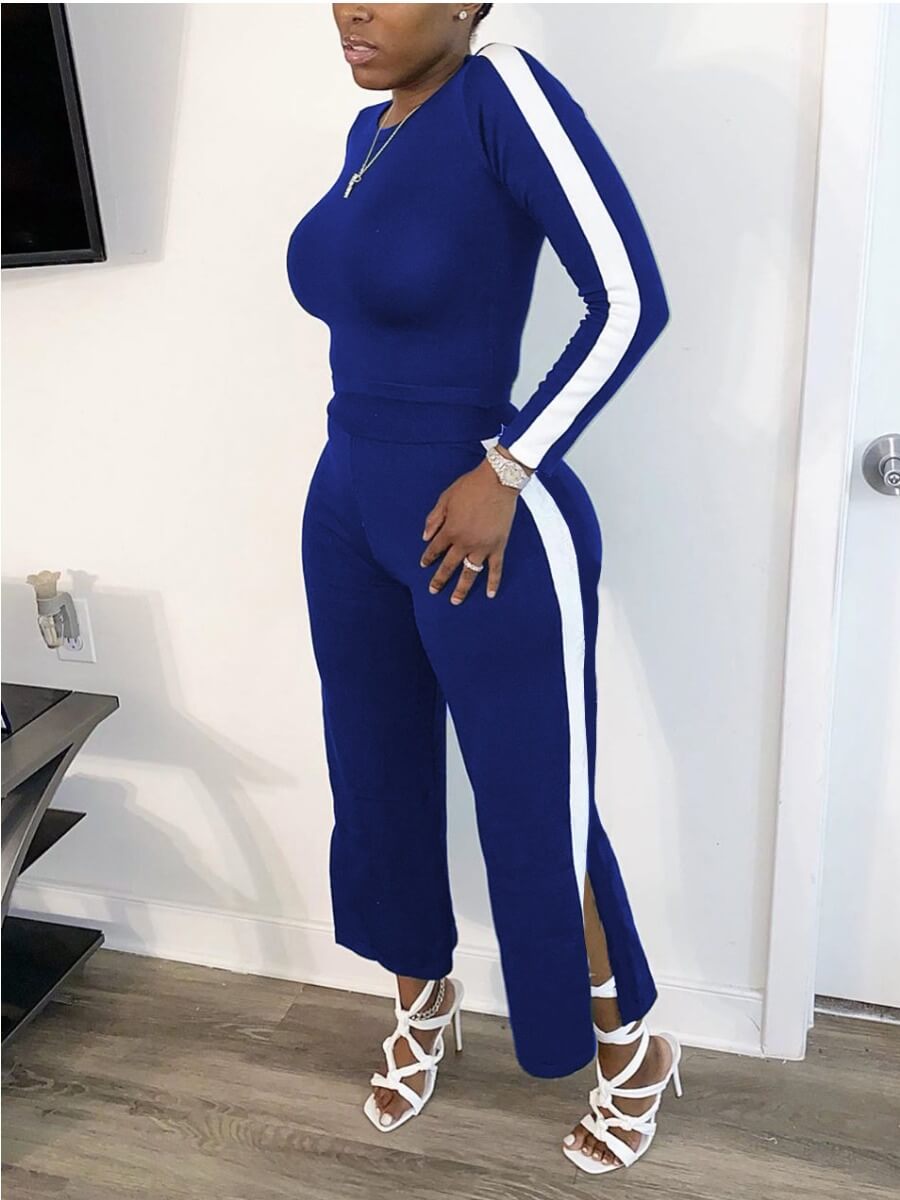 

Lovely Sportswear Striped Patchwork Side Slit Blue Two Piece Pants Set