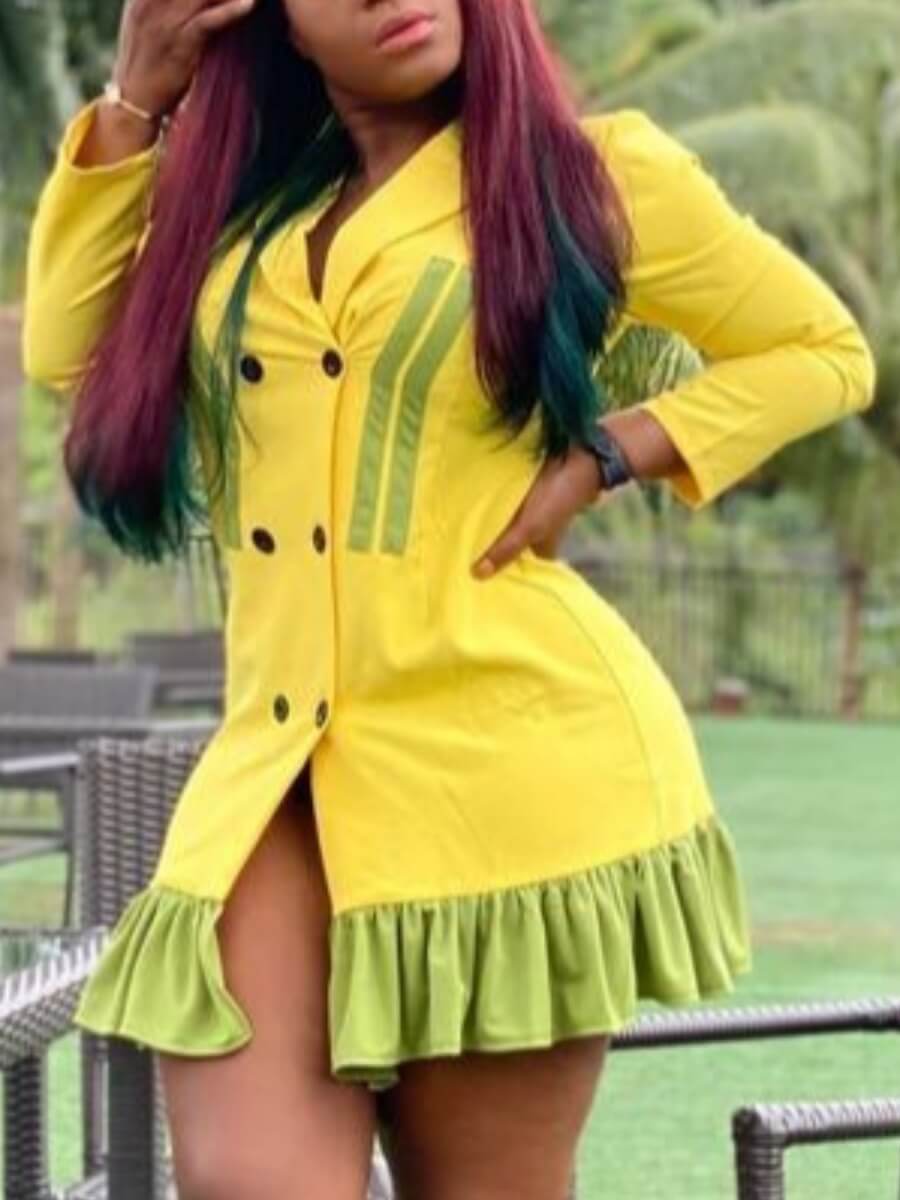 

Lovely Casual Button Ruffle Design Patchwork Yellow Mini Dress