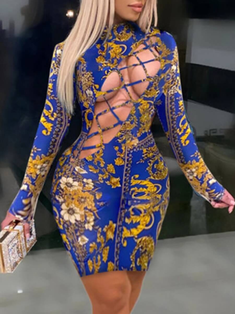 

Lovely Sexy Floral Print Bandage Hollow-out Design Blue Knee Length Dress