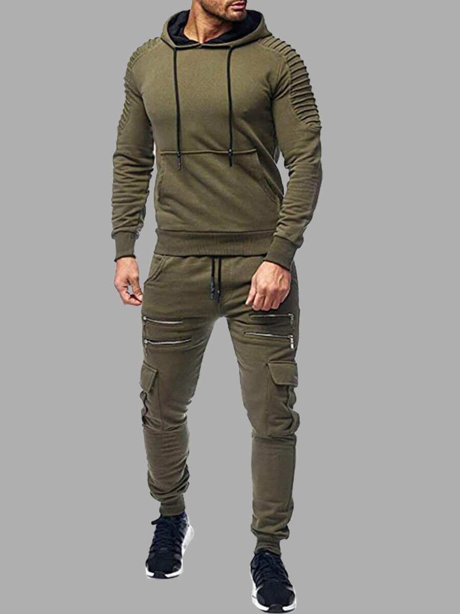 

Lovely Sportswear Side Pocket Drawstring Army Green Men Two Piece Pants Set