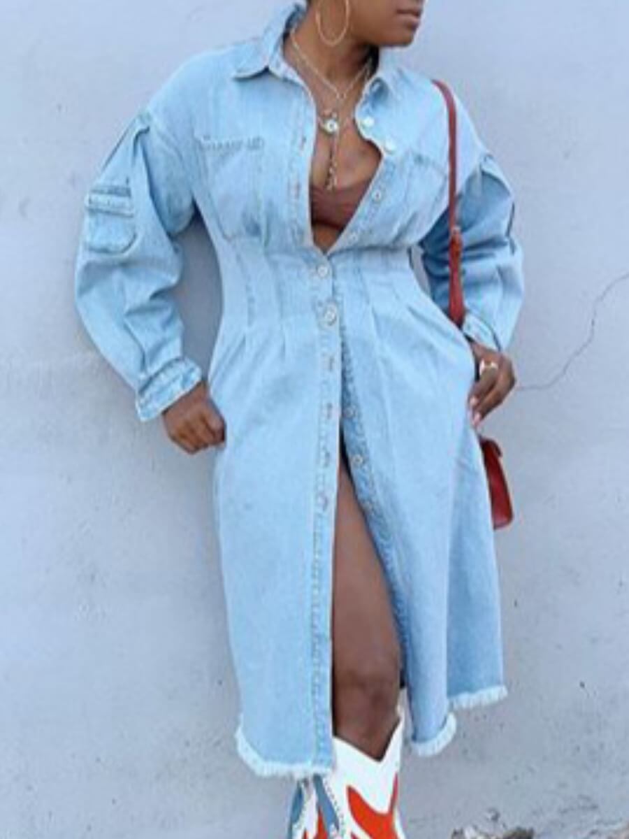 

Lovely Casual Raw Edge Button Design Baby Blue Denim Jacket