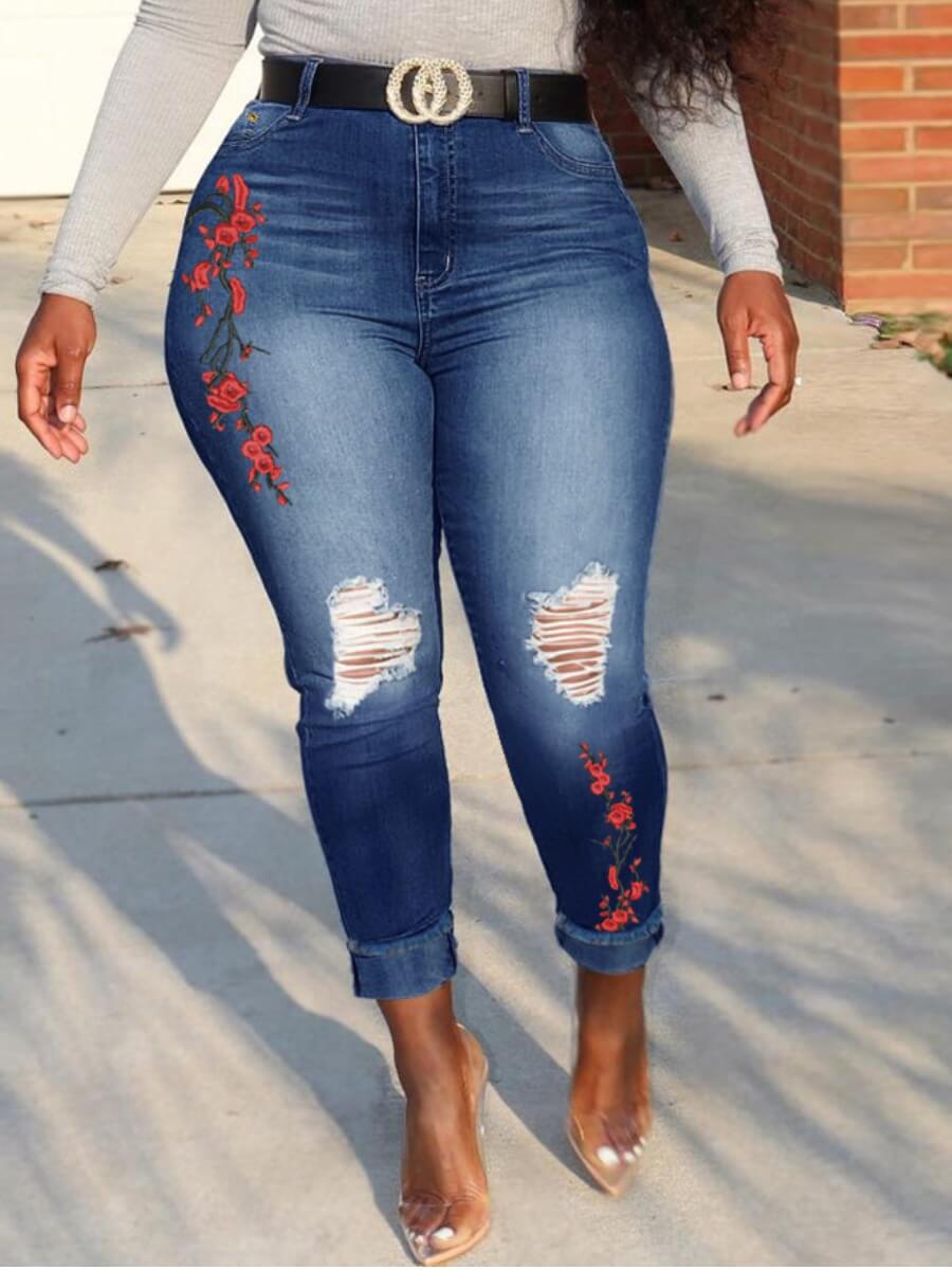 

Lovely Street Floral Print Broken Holes Blue Jeans