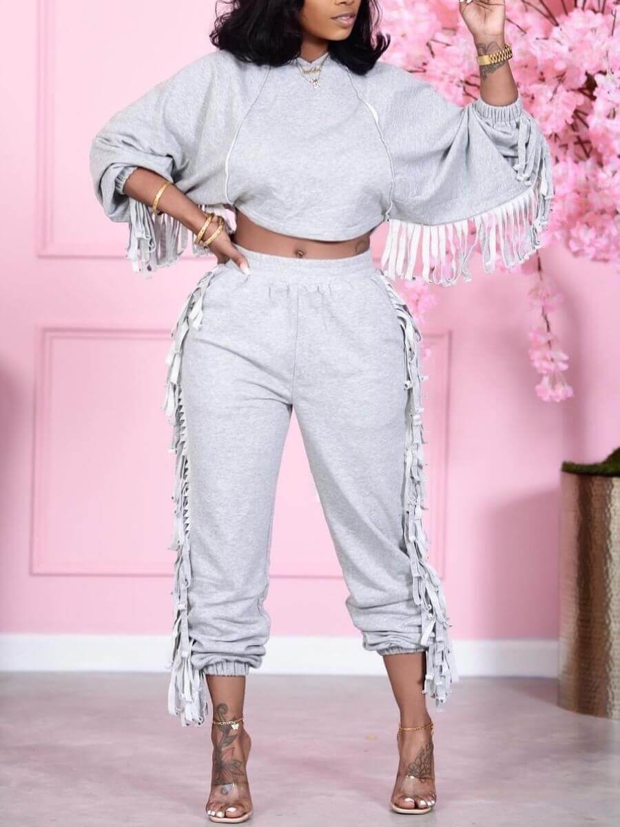 

Lovely Stylish Hooded Collar Tassel Design Grey Two Piece Pants Set