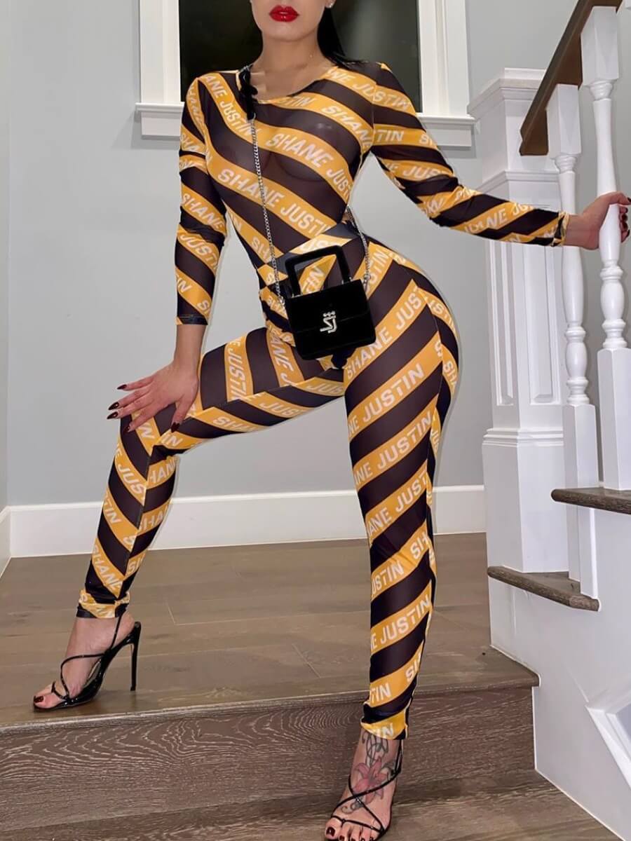 

Lovely Sexy Letter Print Striped See-through Yellow One-piece Jumpsuit