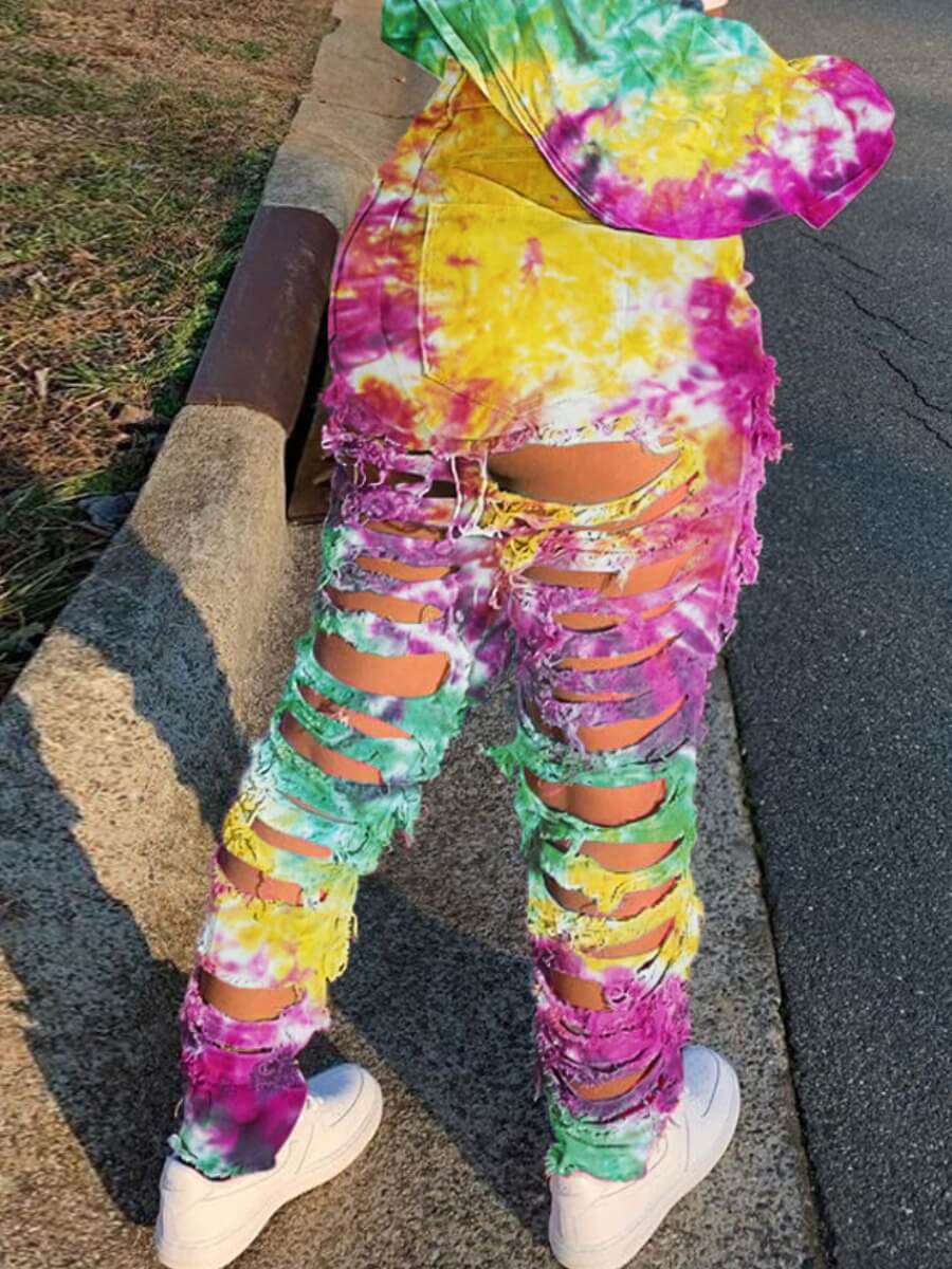

Lovely Street Broken Holes Tie-dye Yellow Jeans
