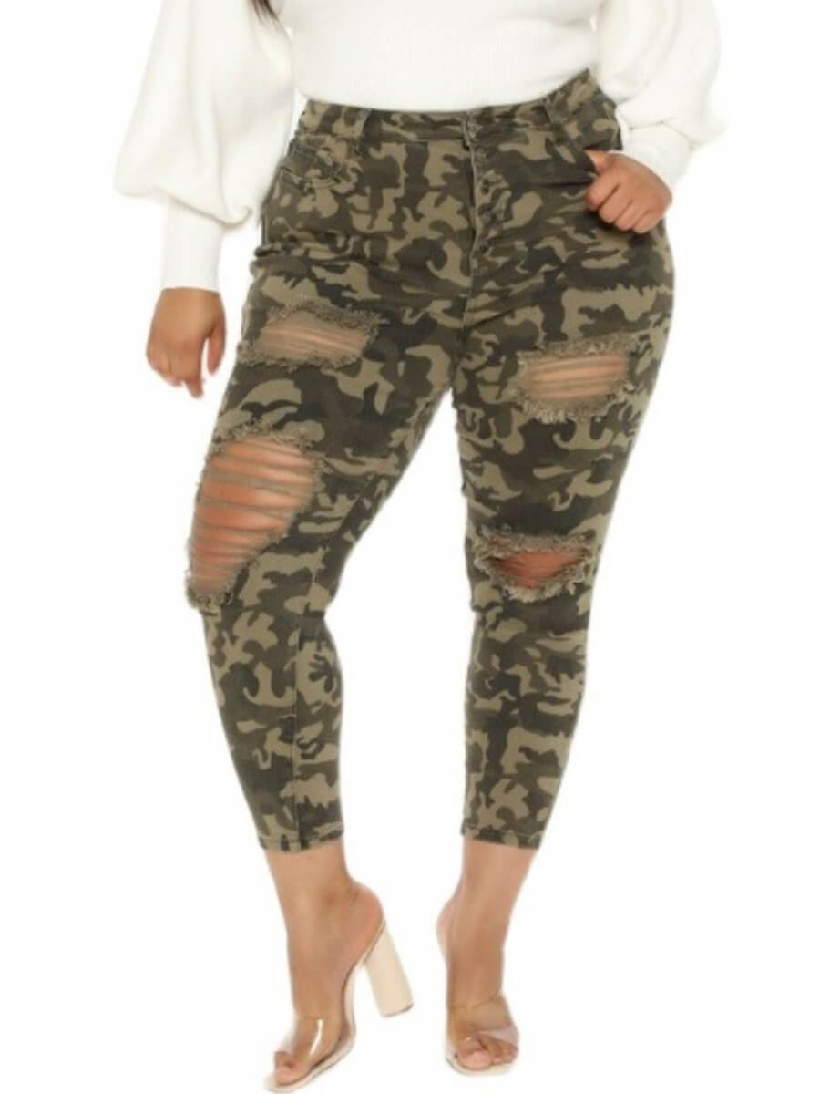 

Lovely Casual Camo Print Broken Holes Army Green Plus Size Jeans