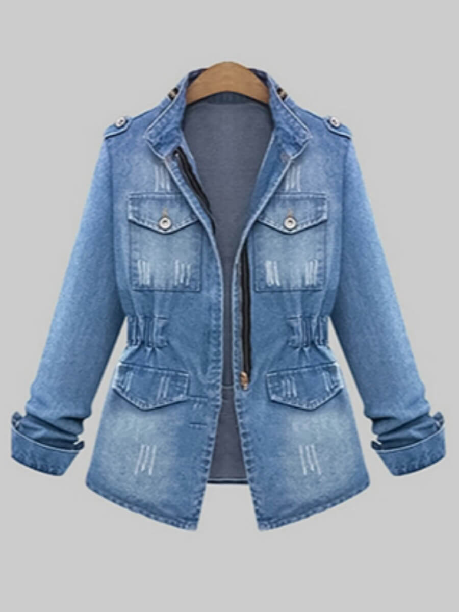 

Lovely Casual Pocket Zipper Design Blue Denim Jacket