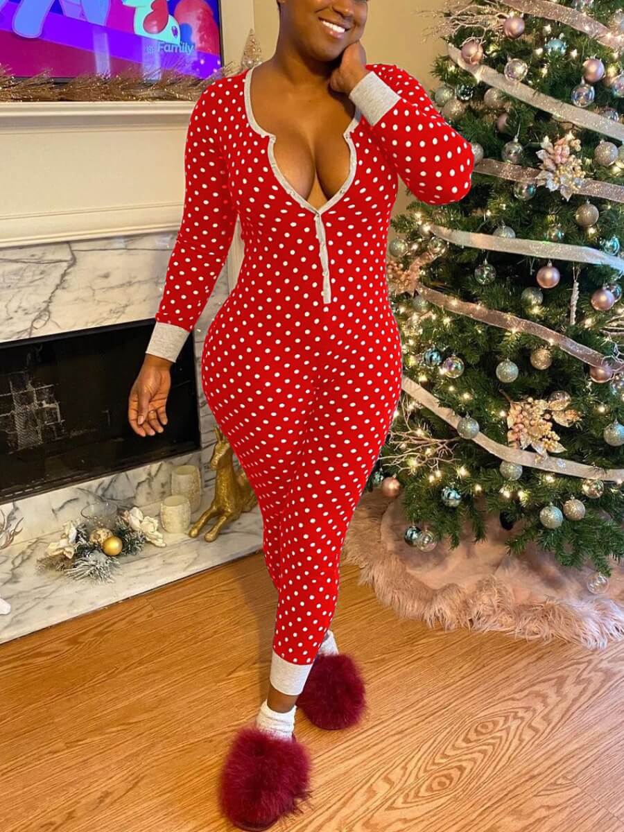 

Lovely Casual V Neck Dot Print Red Sleepwear
