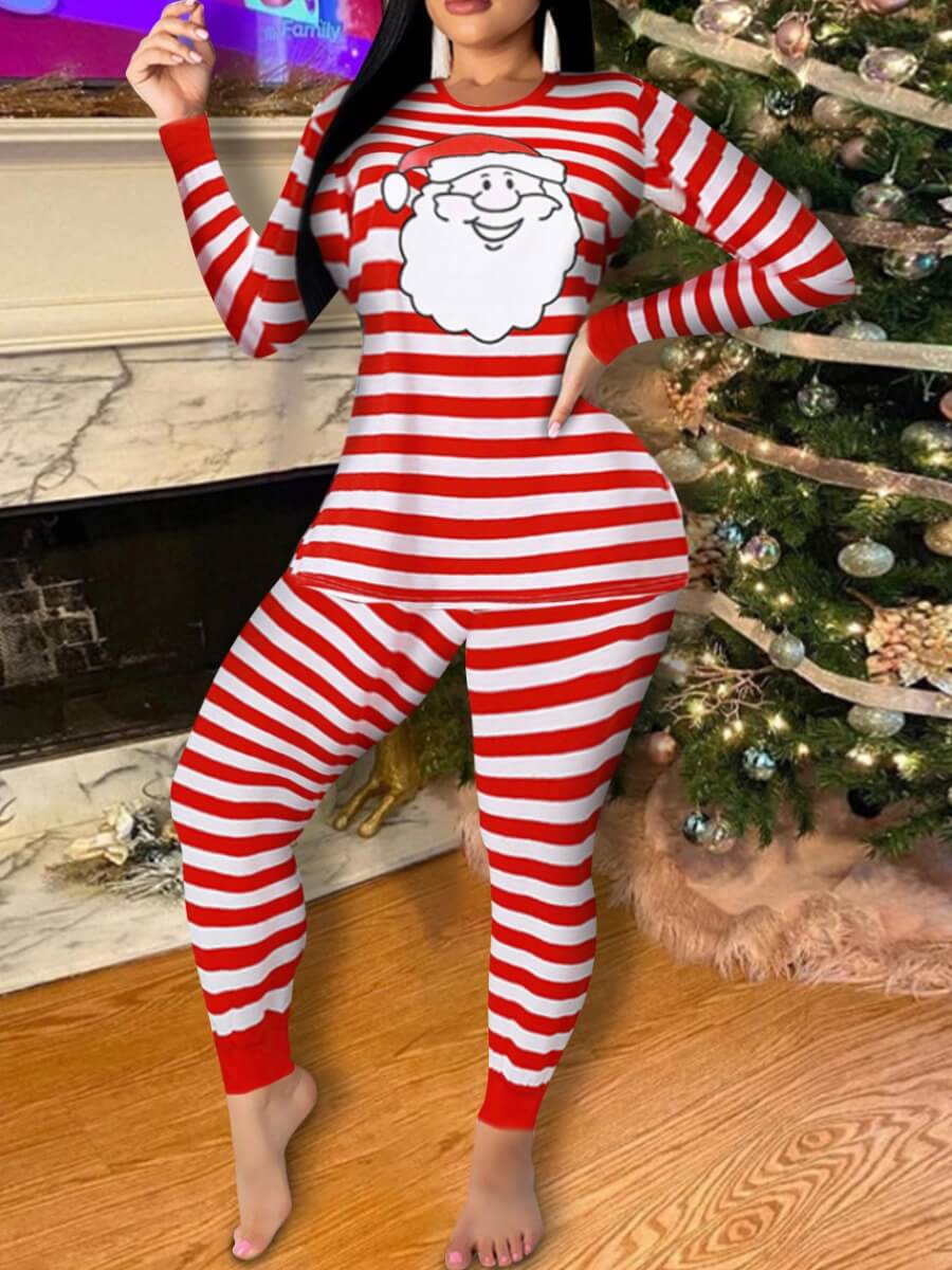 

Lovely O Neck Striped Christmas Day Print Red Sleepwear