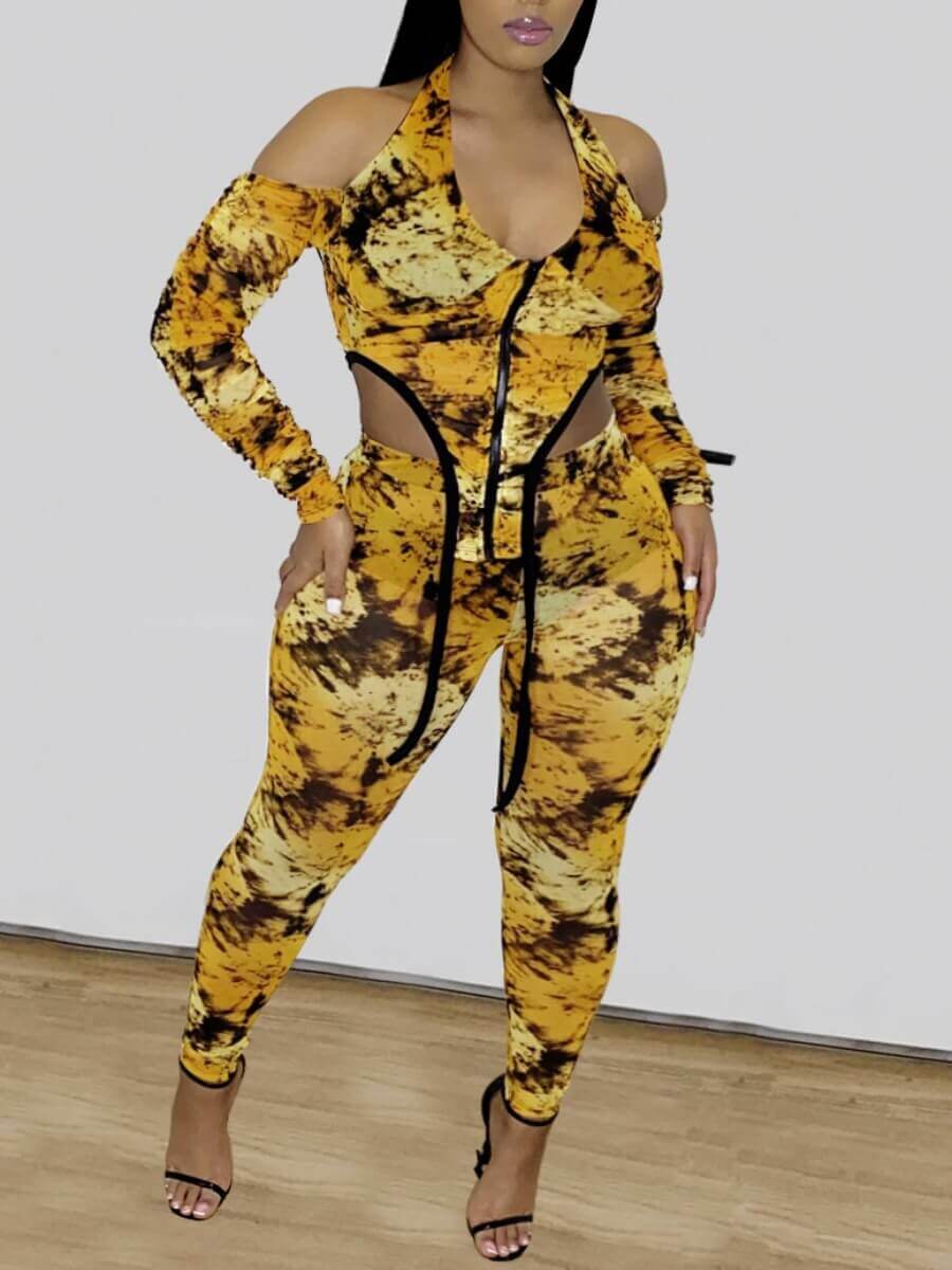 

Lovely Chic Off The Shoulder Print Asymmetrical Yellow Plus Size Two-piece Pants Set
